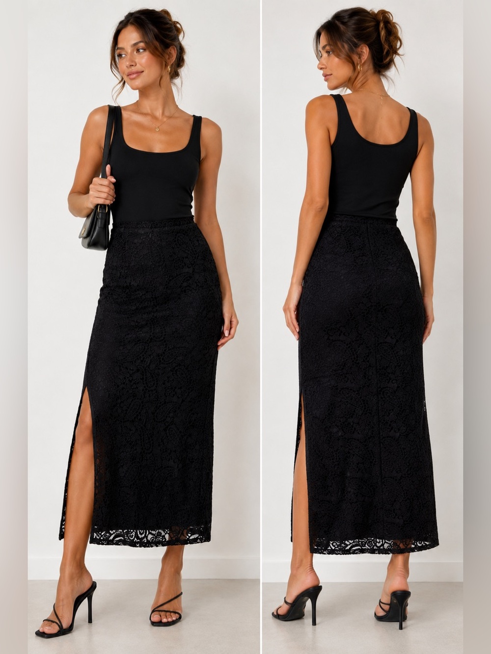 NIA Black Lace Maxi Skirt Size Small NWT Side Slit Evening Skirt